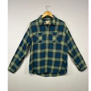 Lumberjack Gorpcore RuffHewn Mens L Blue Green Plaid Cotton Flannel Button Down